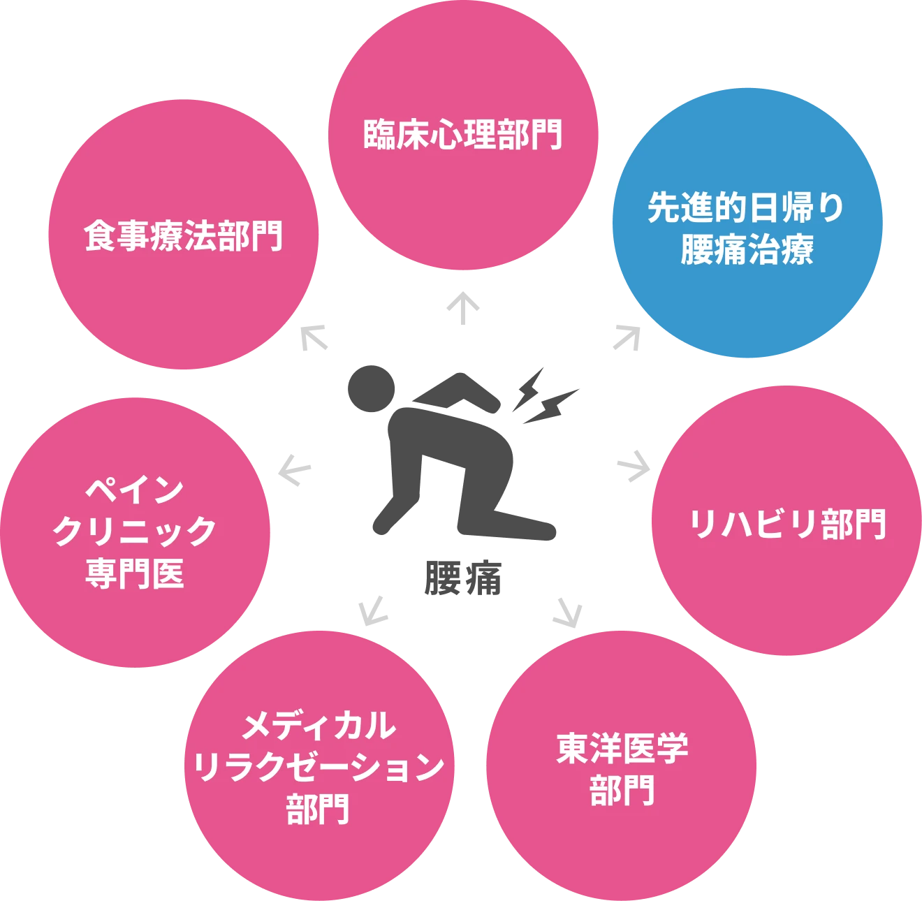 臨床心理部門、先進的日帰り腰痛治療、リハビリ部門、東洋医学部門、メディカルリラクゼーション部門、ペインクリニック専門医、食事療法部門